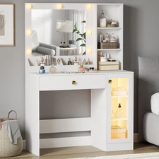 Small Vanity Desk with Mirror and Lights, Adjustable Brightness, 3 Modes