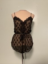 Vintage Lorraine Sheer Black Lace Teddy Snap Crotch Lingerie Romper Size Small