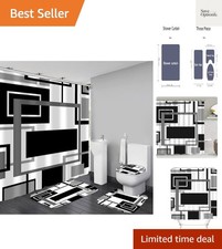 4 Pcs Black Geometric Shower Curtain Sets with Rugs Black Bathroom Sets with ...