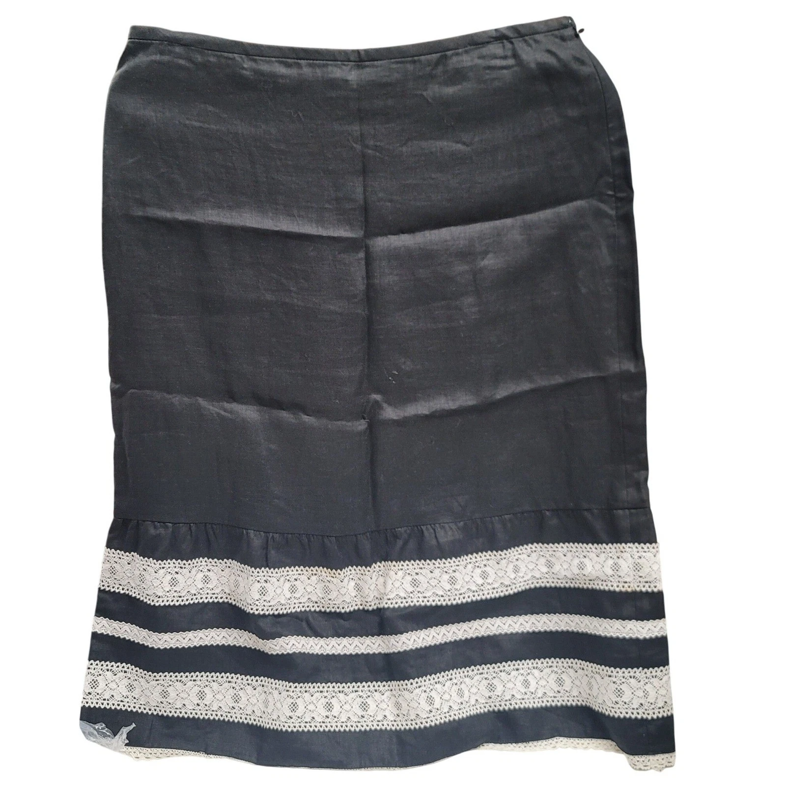 Ann Taylor LOFT Black Linen Blend Midi Skirt with Lace Trim Size 8