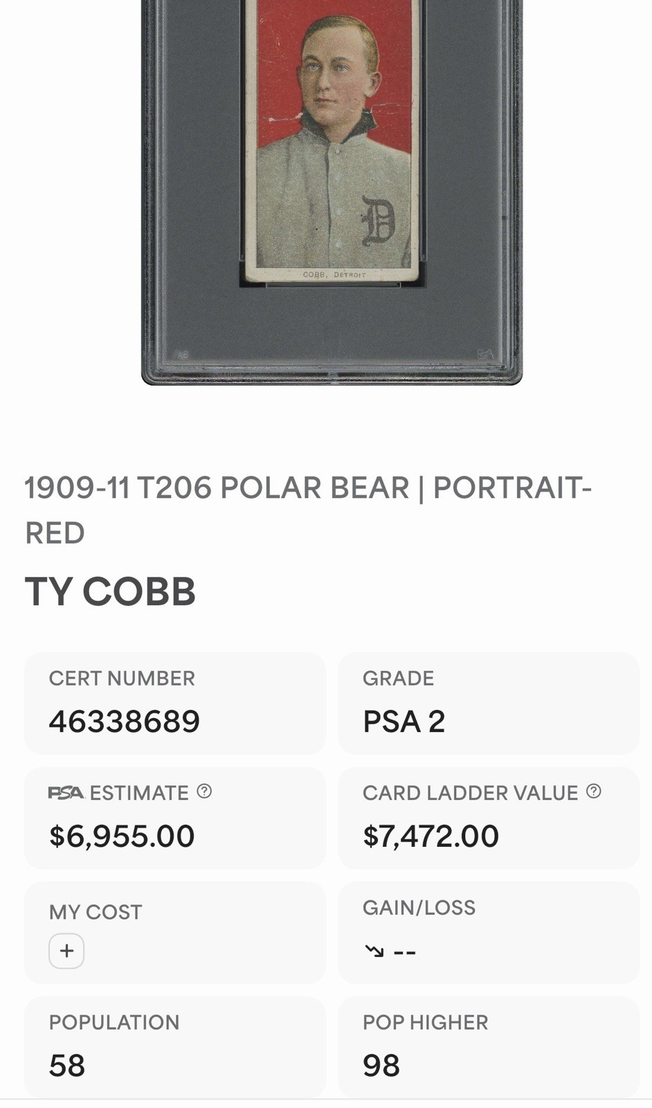 T206 Polar Bear Ty Cobb PSA 2 Red Portrait view 3