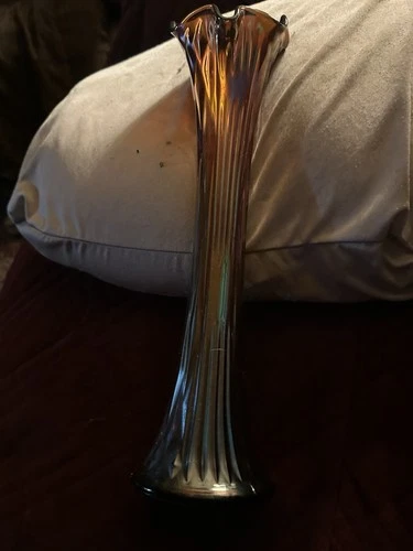 VTG Fenton Diamond Point Columns Marigold Iridescent Carnival Glass Vase 15 1/2”