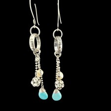 5' Silver Dangle Earrings Turquoise Drops Faux Pearl  Crystal Accents LONG