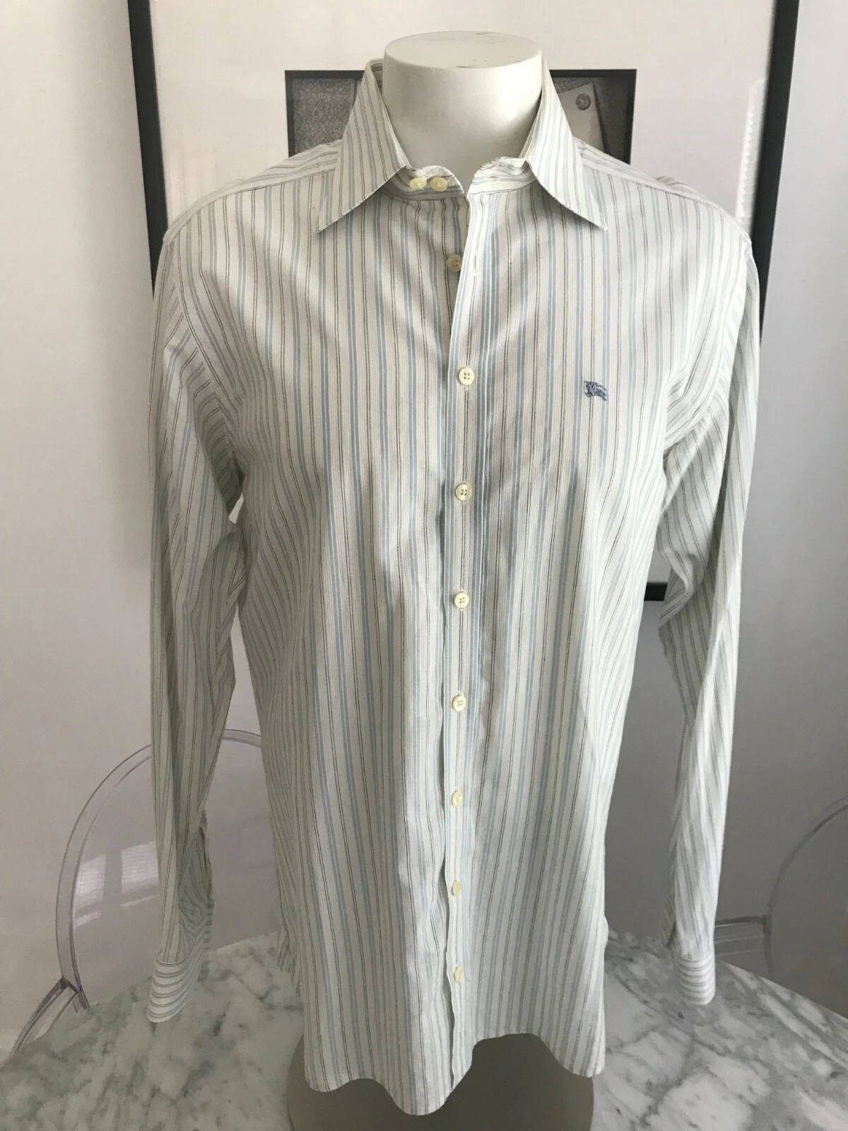 Camicia elegante uomo Burberry London etichetta blu grigia a righe beige cotone TG 17 43