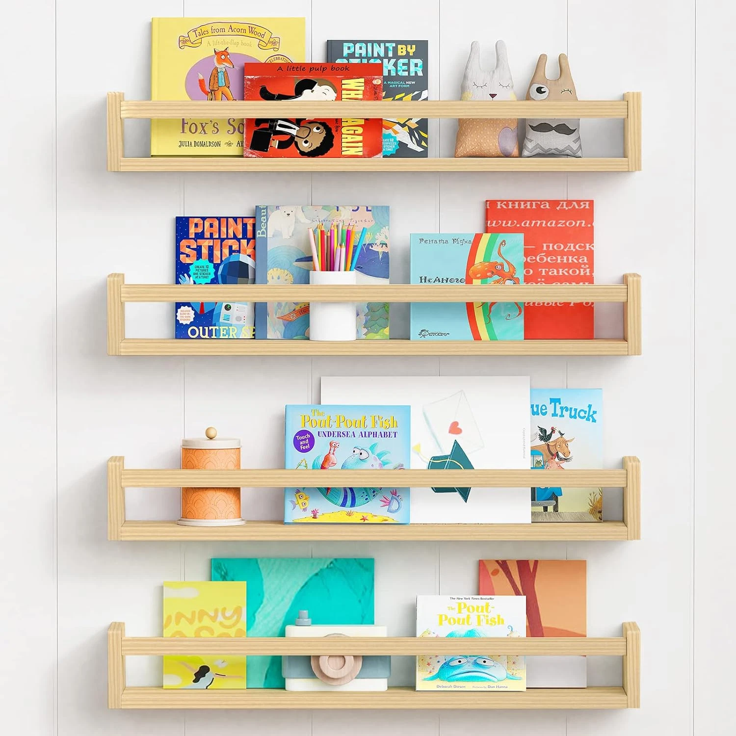 Floating Natural Wood Bookshelves for Kids Room - 4-Pack, 24" Wall Mounted