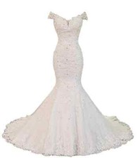 Lace Mermaid Wedding Dresses Appliques Beaded Off Shoulder V Neck Bridal Gowns