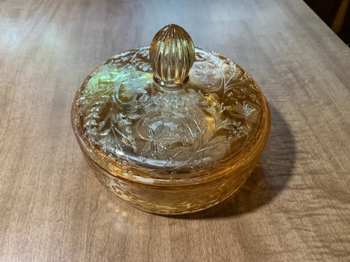 Vintage Indiana Amber Carnival Glass 7" Round Iridescent Candy Dish