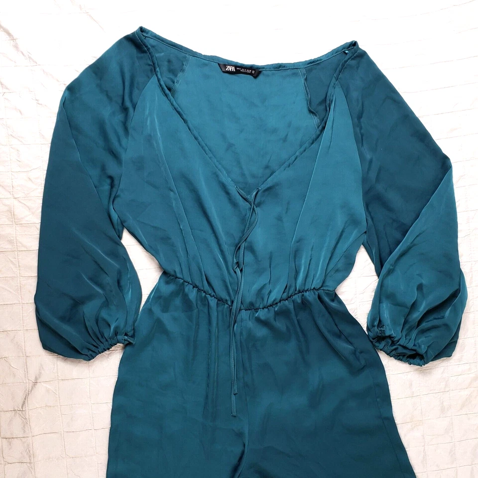 Mono ZARA Mujer Talla PEQUEÑO Verde Oscuro Efecto Satinado Pierna Ancha Tobillo Manga Larga Foto 3 de 4
