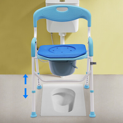 Blue Folding Shower Chair With Commode Adjustable Height Aluminum EVA