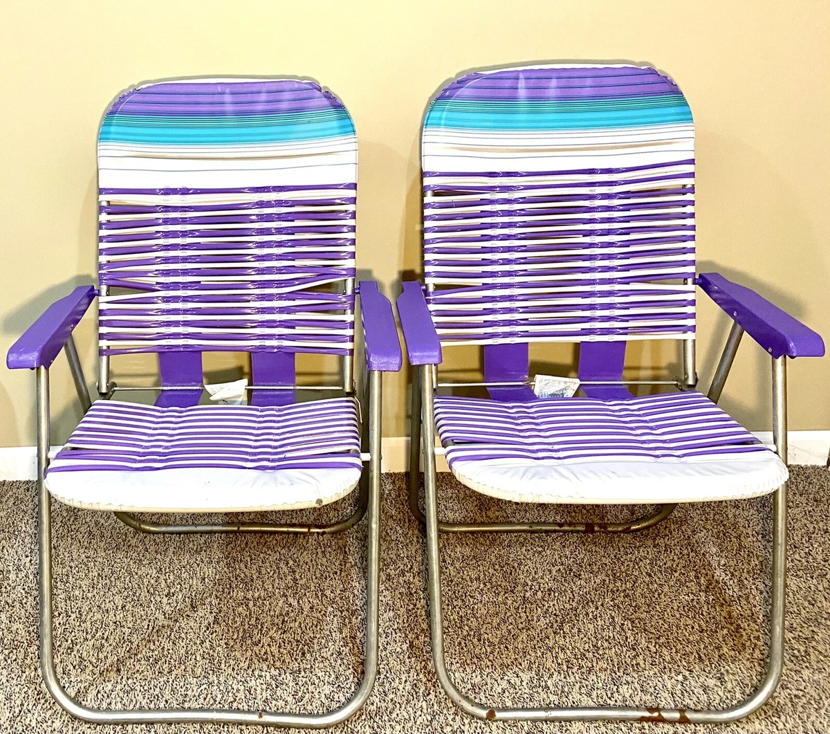 Lot of 2 Purple Vintage Folding Lawn Chairs Beach Pool Deck Vinyl