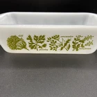 Vintage Glasbake Milk Glass with Green Herb Pattern Loaf Pan 1.5 Quart