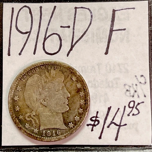 1916-D BARBER SILVER QUARTER (F) FINE CONDITION. ENN COINS