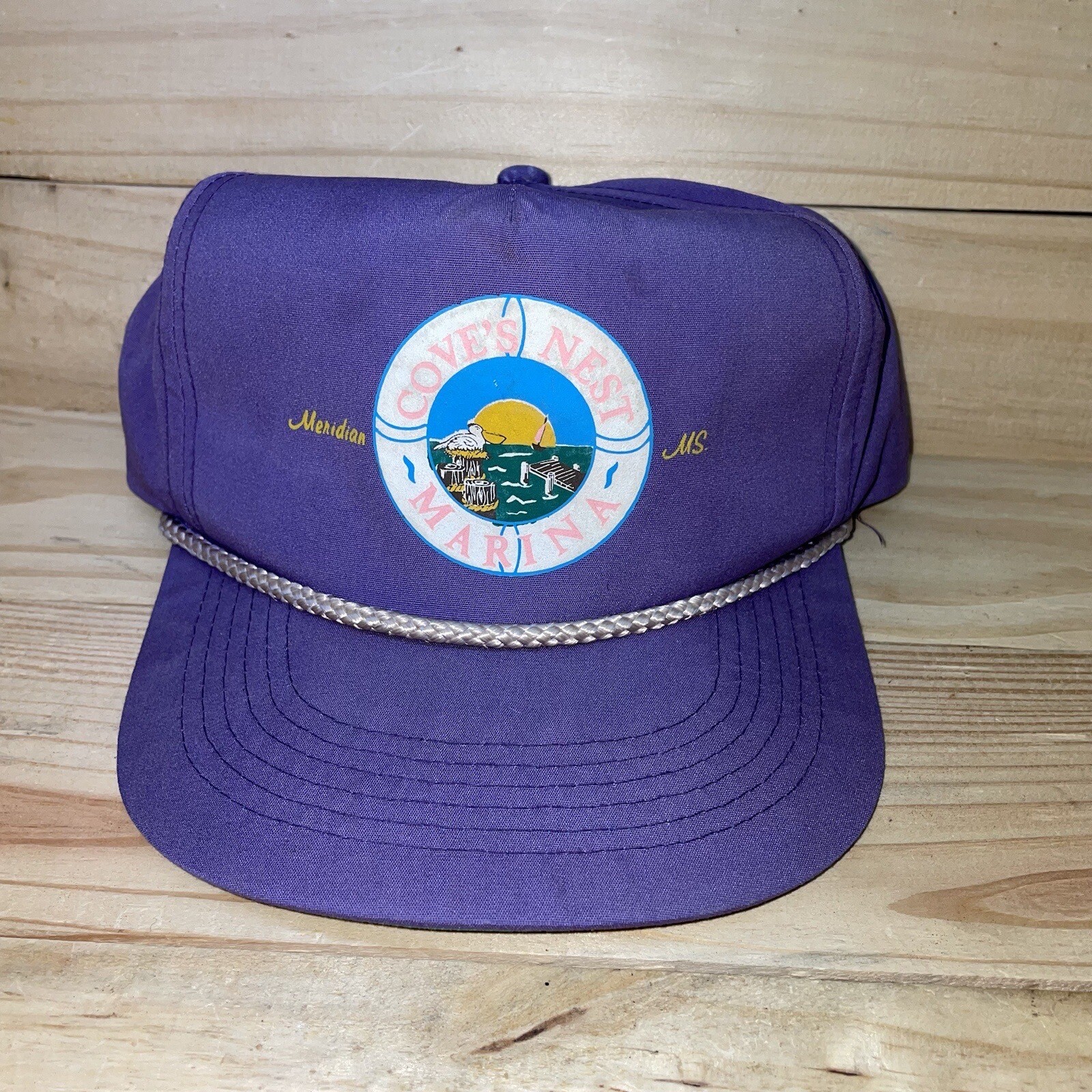Vintage Coves nest marina snapback hat meridian MS Purple Rope Trucker