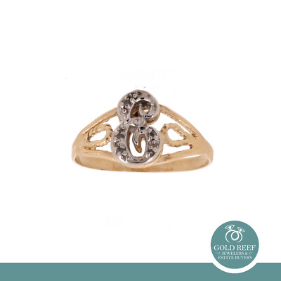 Ausgefallener Buchstabe E Diamant Statement Ring 14K Bicolor Gold 0,05 ctw Größe 9,5 Nachlass