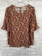 Pleione Red Yellow Short Sleeve Flower Top Size XL
