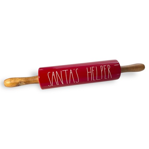 RAE DUNN Christmas Rolling Pin w/ Wood Handles by Magenta Red 18" Ceramic