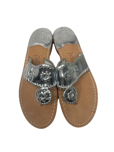 Jack Rogers Leder flache Sandale silber Signatur Peitschennaht & Rondelle Größe 7
