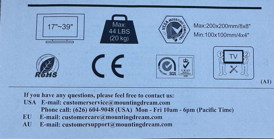 Montaje Dream Full Motion TV Mount Mdl 2210 hasta 44 lb, 17” a 39” Foto 4 de 4
