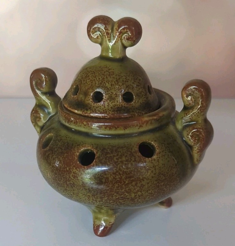 Vintage Glaze Pottery Lidded Incense Burner Censer