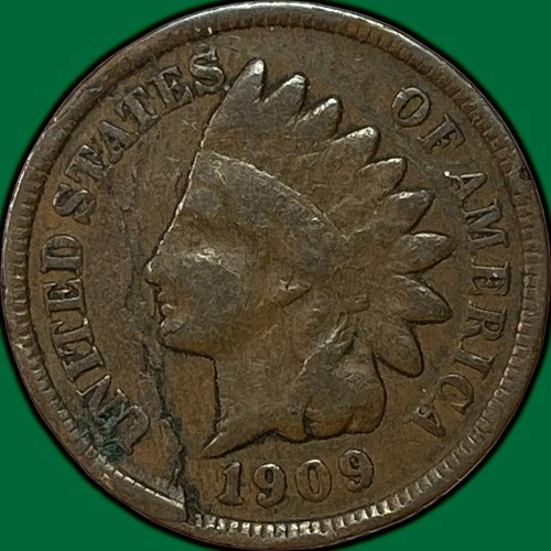 1909 Indian Head Cent Very Good VG Coin, Planchet Flaw Error #37169