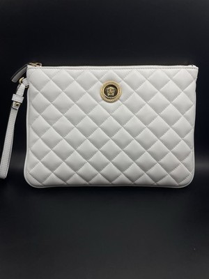 NWT Versace La Medusa White Quilted Leather Gold Logo Wristlet Pouch Bag $1395