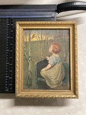 Vintage Framed Embossed Art Print   Girl  Robin  Ornate Gilt Frame