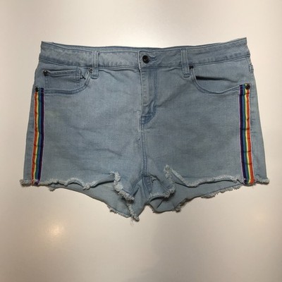 Blackheart Shorts Juniors 15 Cut Off Low Rise Light Wash w/ Rainbow Side Stripe