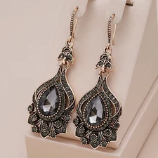 New Luxury Gray Crystal Bridal Drop Earrings, Antique Gold Color, Beach Party