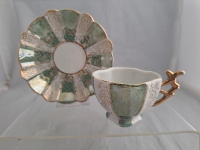 Vintage Herford Porzellan Tasse und Untertasse vergoldet grün weiß Mokka Demitasse