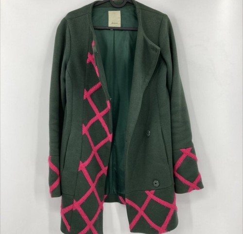 Anthropologie Elevenses Green & Hot Pink Embroidered Military Dress Coat 6 - Picture 2 of 15