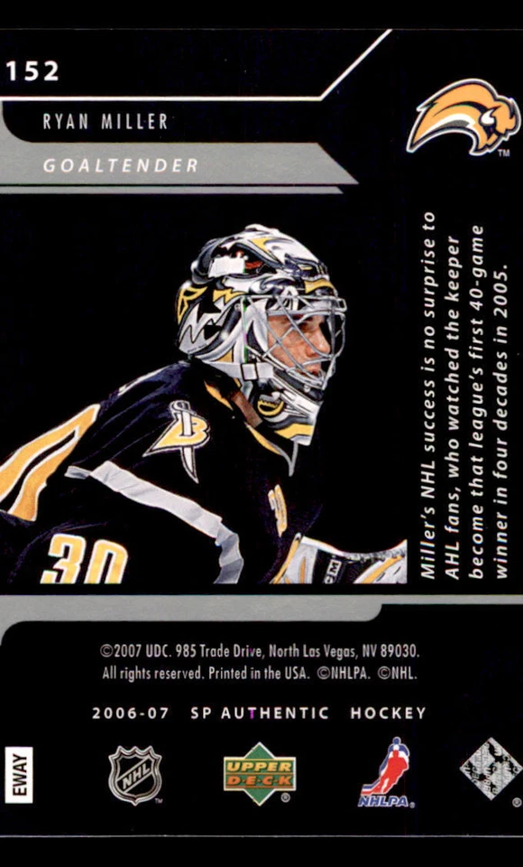 2006-07 SP Authentic #152 Ryan Miller N /999 - Image 2 of 2
