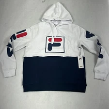 Fila Marzio  Pullover Hoodie Mens White Navy Adjustable Drawstring Size Large