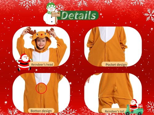 Kids Reindeer Unisex Pajamas Christmas Cosplay Costume Winter One-piece Honewear - Picture 10 of 11