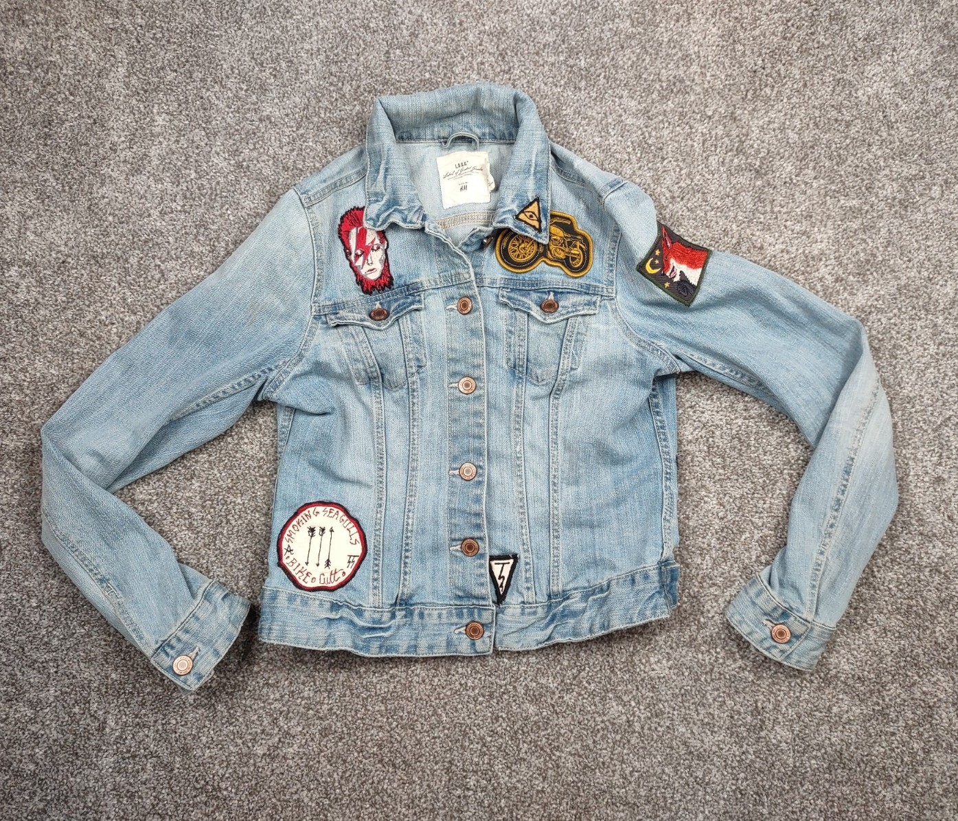 Denim Jacket Women Sz 8 Blue Jean Trucker Patches Corgi Motorcycle Fox LOGG-image