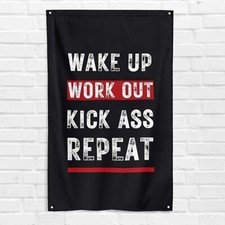 Wake Up Work Out 3x5 ft Gym Flag Fitness Exercise Muscle Motivational Banner