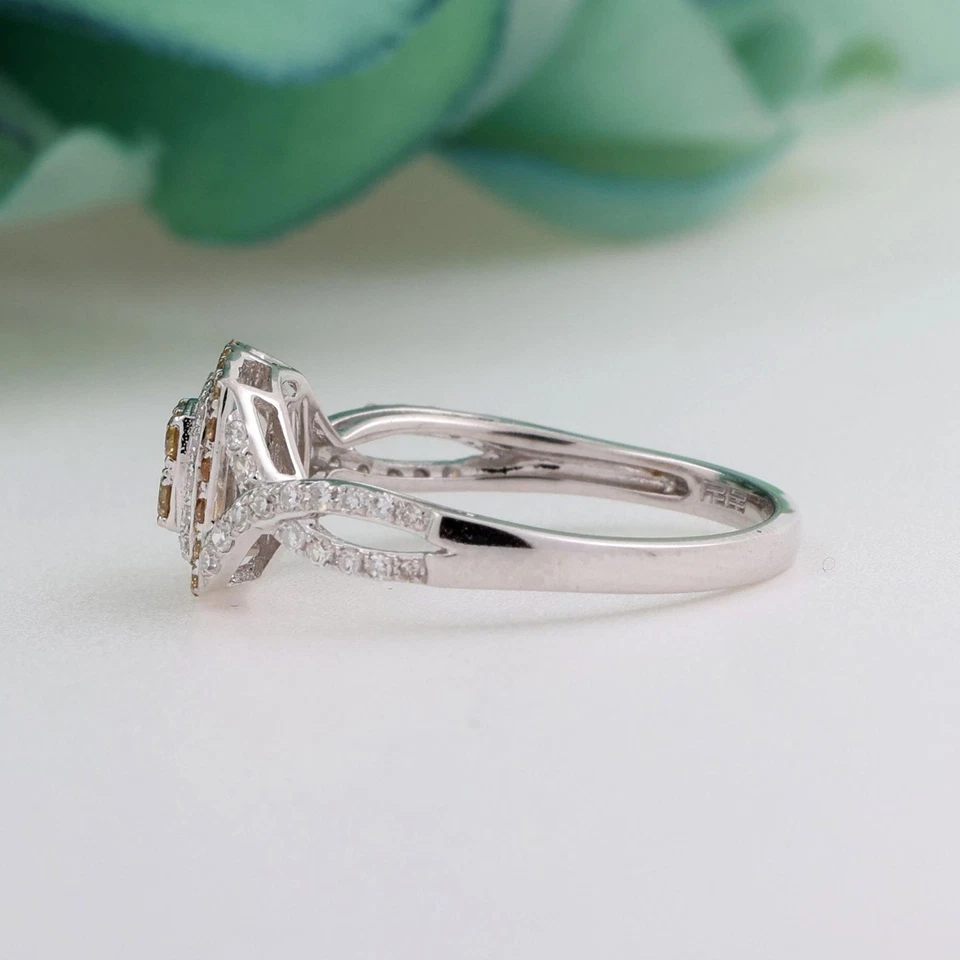 EFFY 14K White Gold Yellow and White Diamond Square Halo Ring 0.37 TW Size 7 - Image 4 of 4