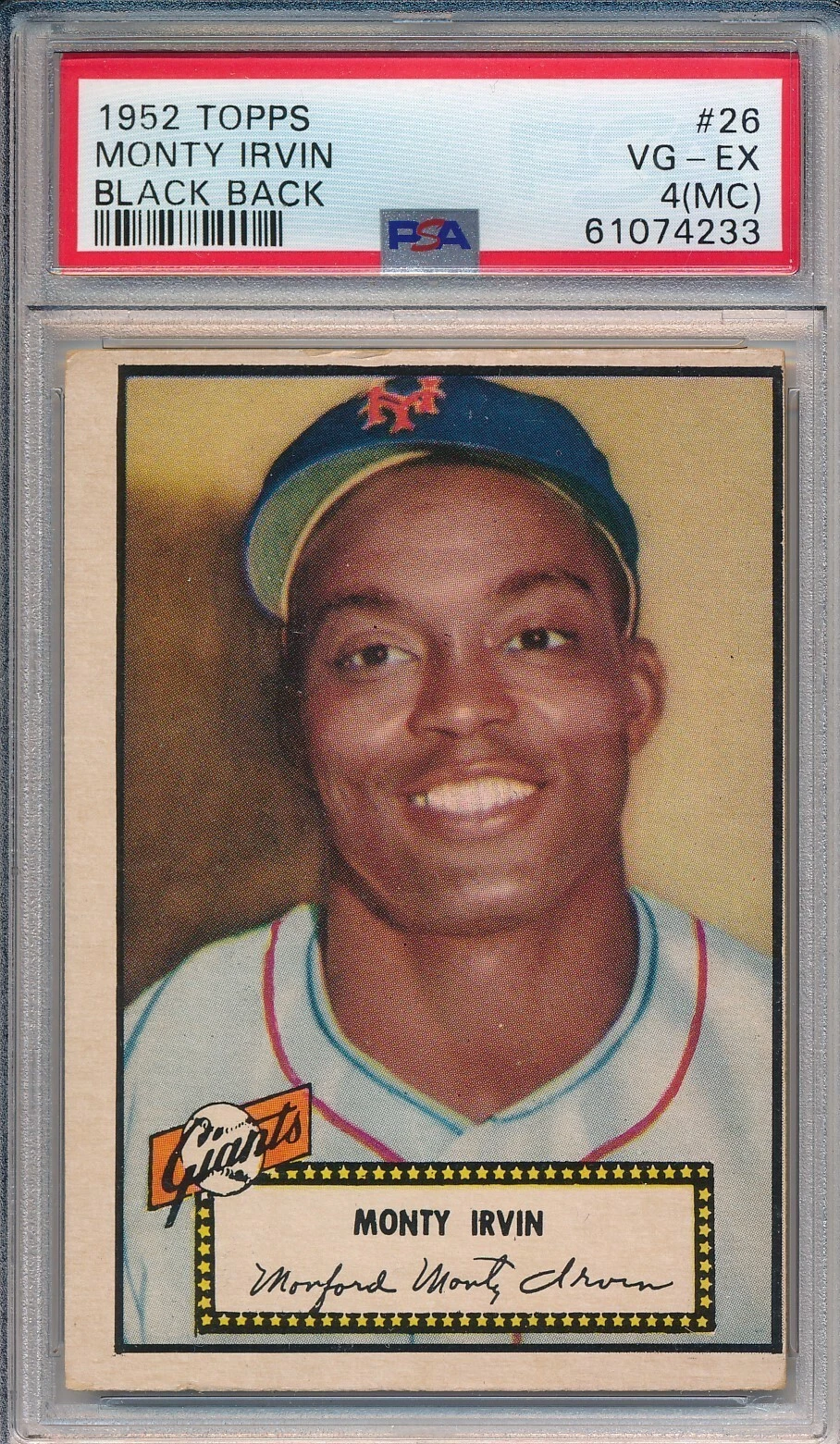 Deal for 1952 TOPPS #26 MONTY IRVIN, BLACK BACK - PSA 4(MC) VG-EX (SVSC)