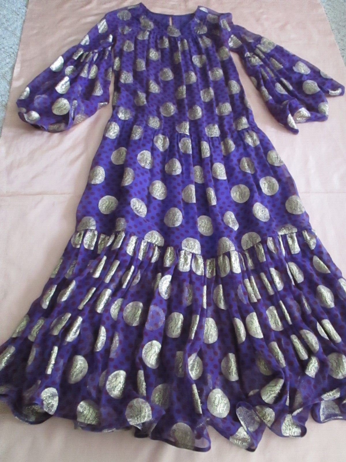 YVES SAINT LAURENT? ABITO MAXI ORO METALLICO ANNI 60 70 VIOLA SEMI TRASPARENTE