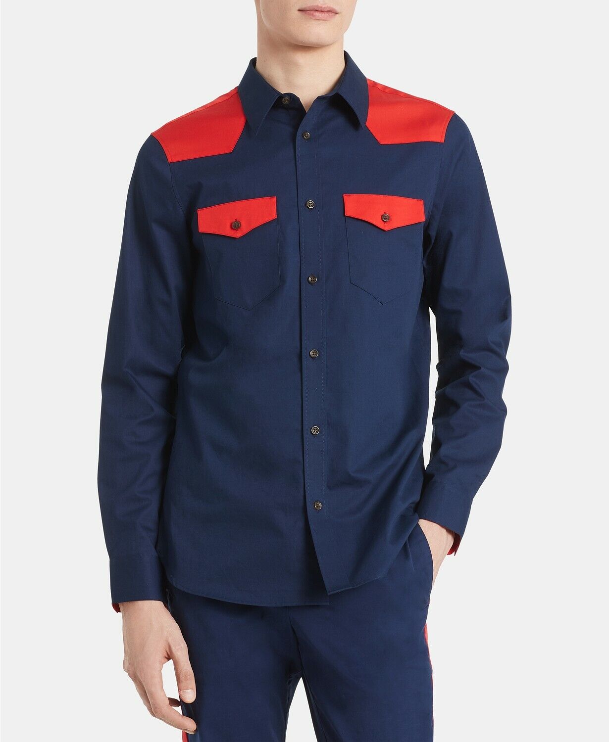 Calvin Klein Ck Western Shirt Navy Red Slim Fit Colorblock Cotton 