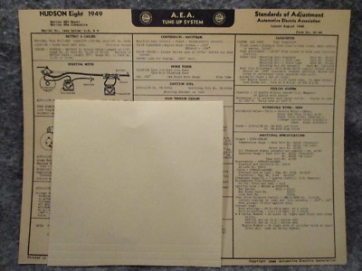A.E.A. Tune Up System Specification Chart Card Hudson Eight 1949 493 S & 494 C