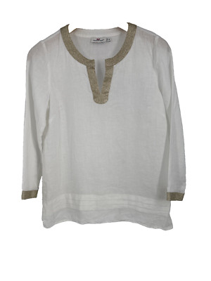Vineyard Vines Womens Linen Tunic Top Medium White Gold Embroidered Beachy Coast