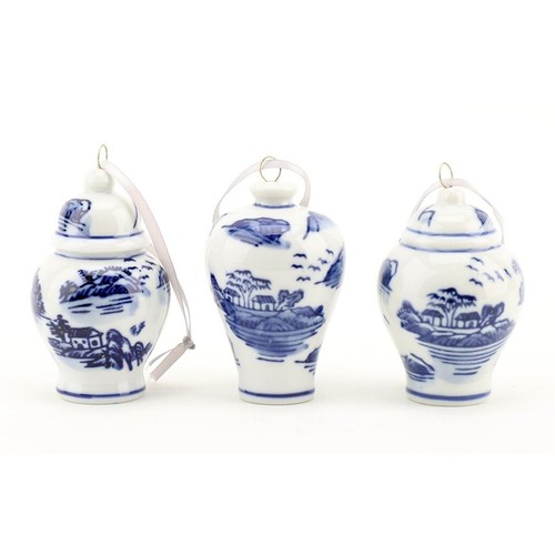 Blue White Oriental Ginger Jar Ornaments Set of 6 Porcelain 3" Hanging Ribbon - Imagen 3 de 5