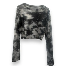 Black Grey White Abstract Mesh Top Body Con Cropped Long Sleeve Uk 8/10