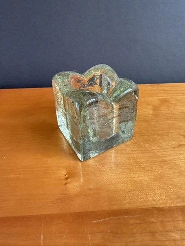 Vintage Blenko Recycled Glass ICE CUBE Candle Holder Clear Tinted Square