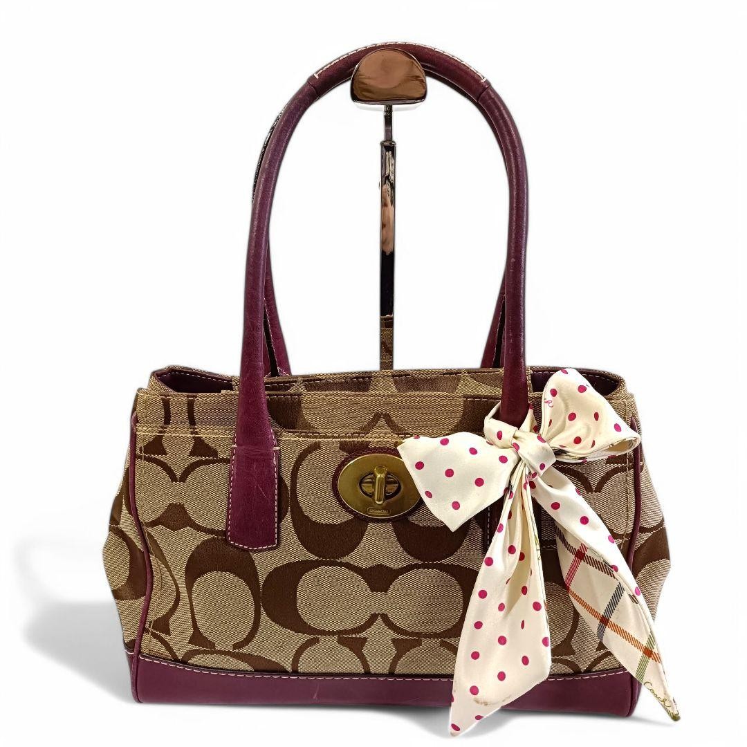 COACH Small Logo Tote Handbag in Beige Brown Canvas & Leather Pre-Owned from Japan