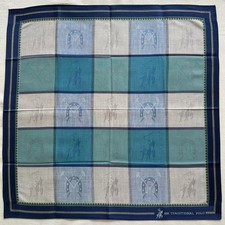 VTG Handkerchief Fabric Woven Blue Check  Horseshoe Polo Sport Pocket Square 18