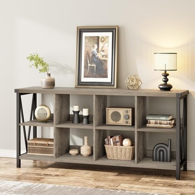 Long Low 8 Cube Bookshelf, 62 Inch 3 Tier Metal Console Storage Bookcase Shelf