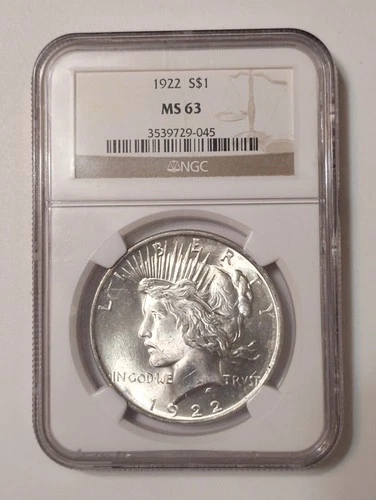 1922 $1 Peace Dollar 90% Silver NGC MS63 US Coin