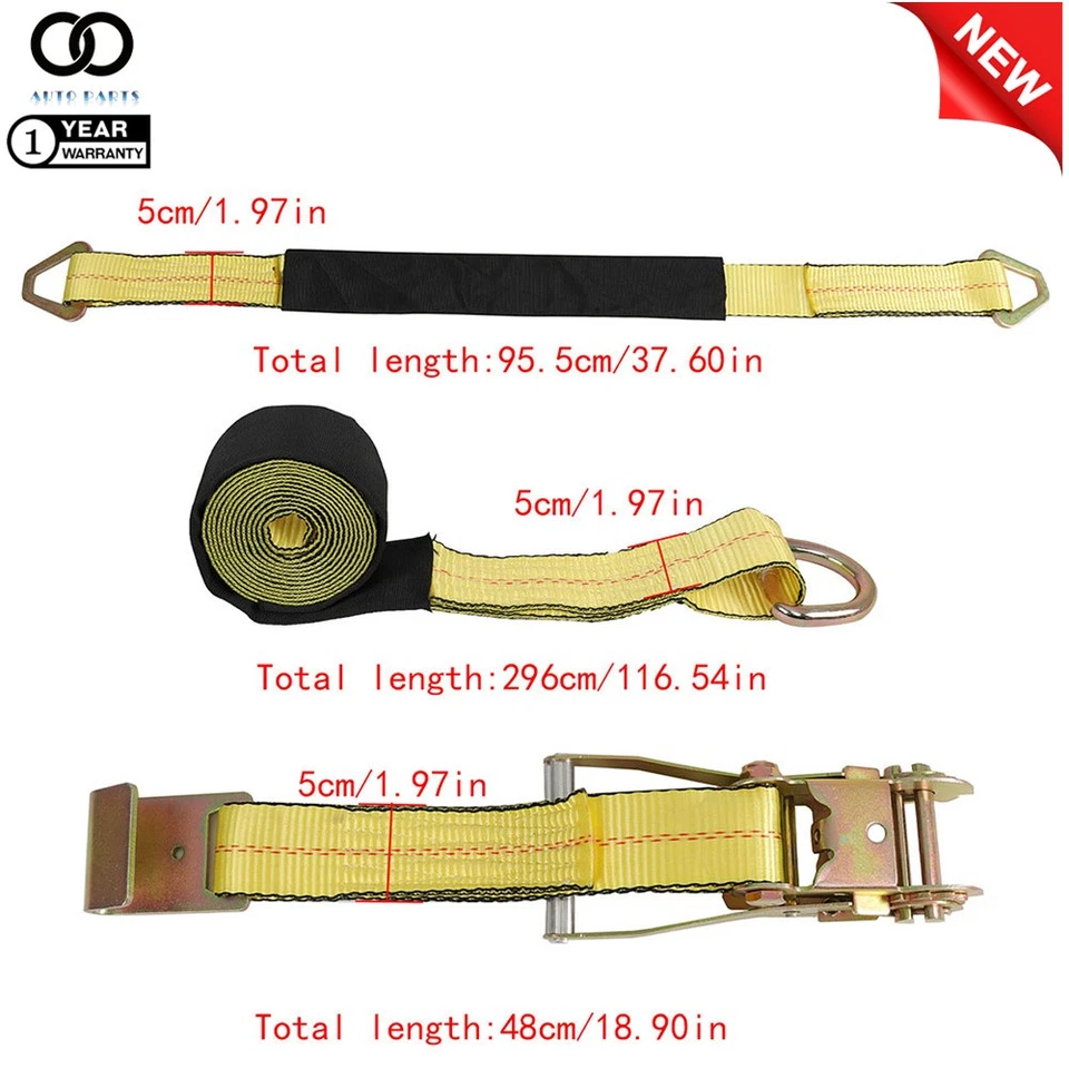Paquete de 4 correas de amarre de rueda de 2" × 120" con ganchos planos de alta resistencia para remolques Foto 2 de 4