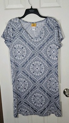 Ruby Rd. Mini Shift Dress Blue Textured Medallion Tile Beach Cruise Resort Sz M